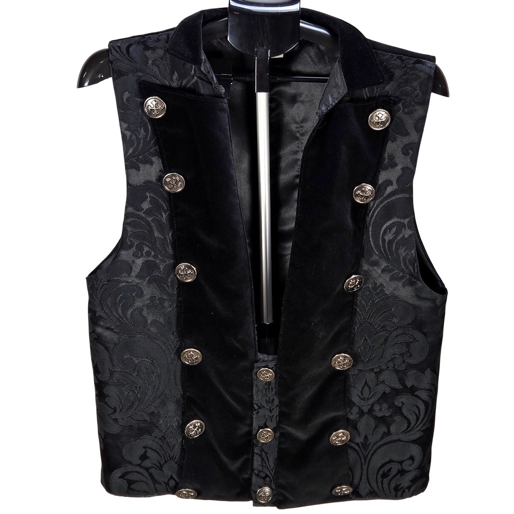 Vintage Large Black Velvet Burnout Damask Goth Vest Victorian Steampunk Cykxtees